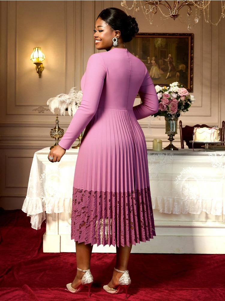 Elegant Women A Line Pleated Midi Dress V Neck Long Sleeve 3D Flower Sashes Patchwork Lace Church Party Autum Occasion Plus Size