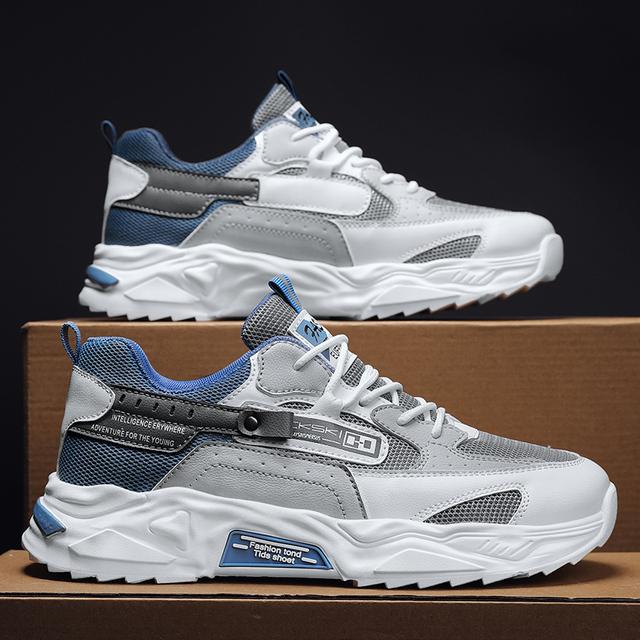 

Мода 2024 года. Модные мужские кроссовки на платформе. Дышащая удобная спортивная обувь. Повседневная обувь из толстой трикотажной сетки. Кроссовки с цветными блоками. CN 44 синий