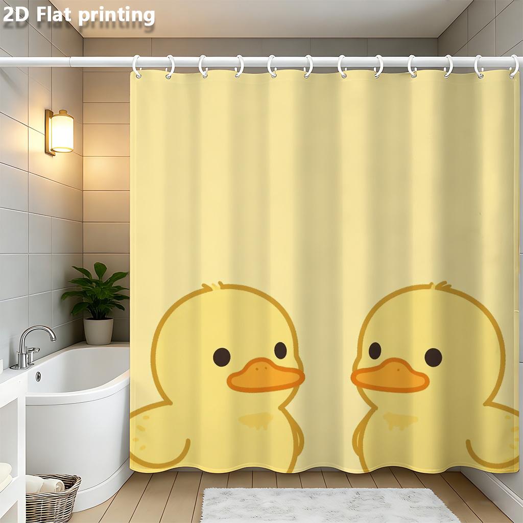 Yellow Duck Shower Curtain 1Pc Polyester 2D Flat Print 70.8X70.8 Two Cartoon Ducks On Light Yellow Background Grommet Top W60H190(CM)-1 Pcs
