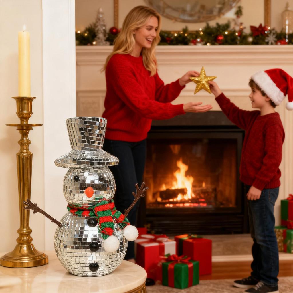 Disco Ball Reflective Christmas Snowman Statue with Knitting Scarf Hat Mirror Snowman Figurines for Dining Table Holiday