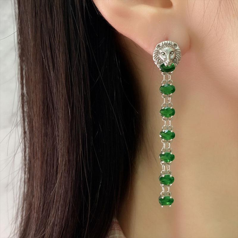 Mittelalterliche Ohrringe Damenstil Smaragdstein Lange Löwenkopf Ohrstecker Übertrieben Retro Ohrringe