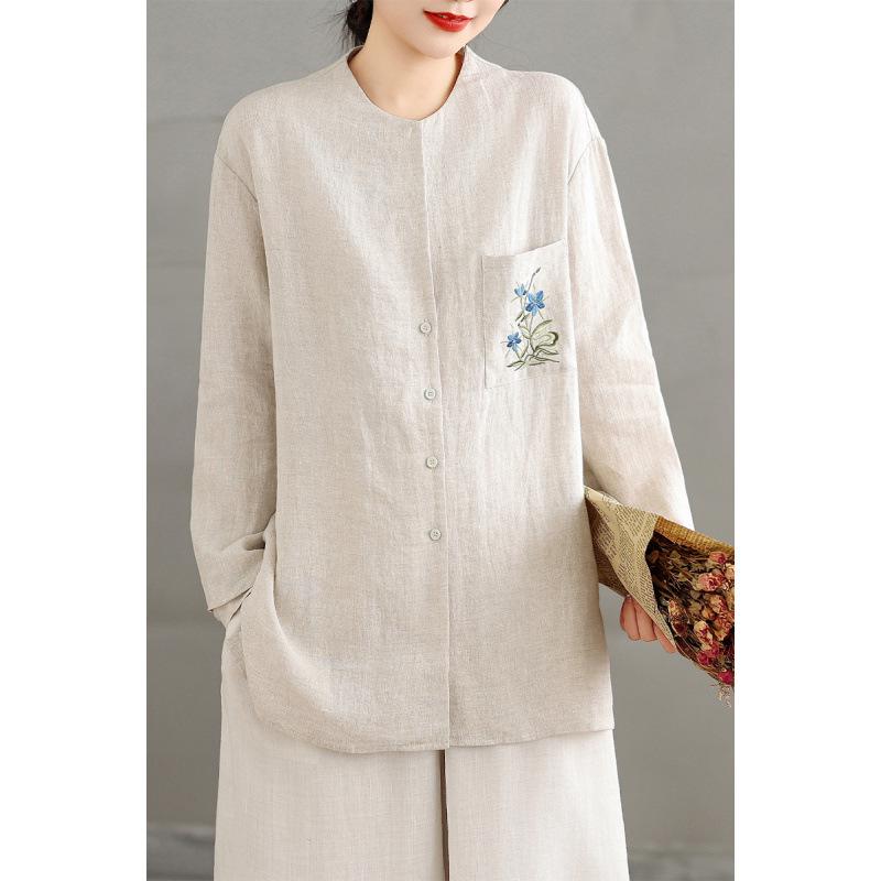 Rain Dew Hemp Embroidered Cotton Linen Long Sleeve Women's Casual Shirt - Chinese Style Artistic Top