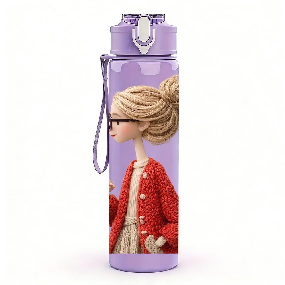 1PC Lady With High Bun Red Coat Portrait Print 750ml Color Plastic Sports Water Bottle Leakproof Flip Straw Lid Suitable for Sports Office Home Use
