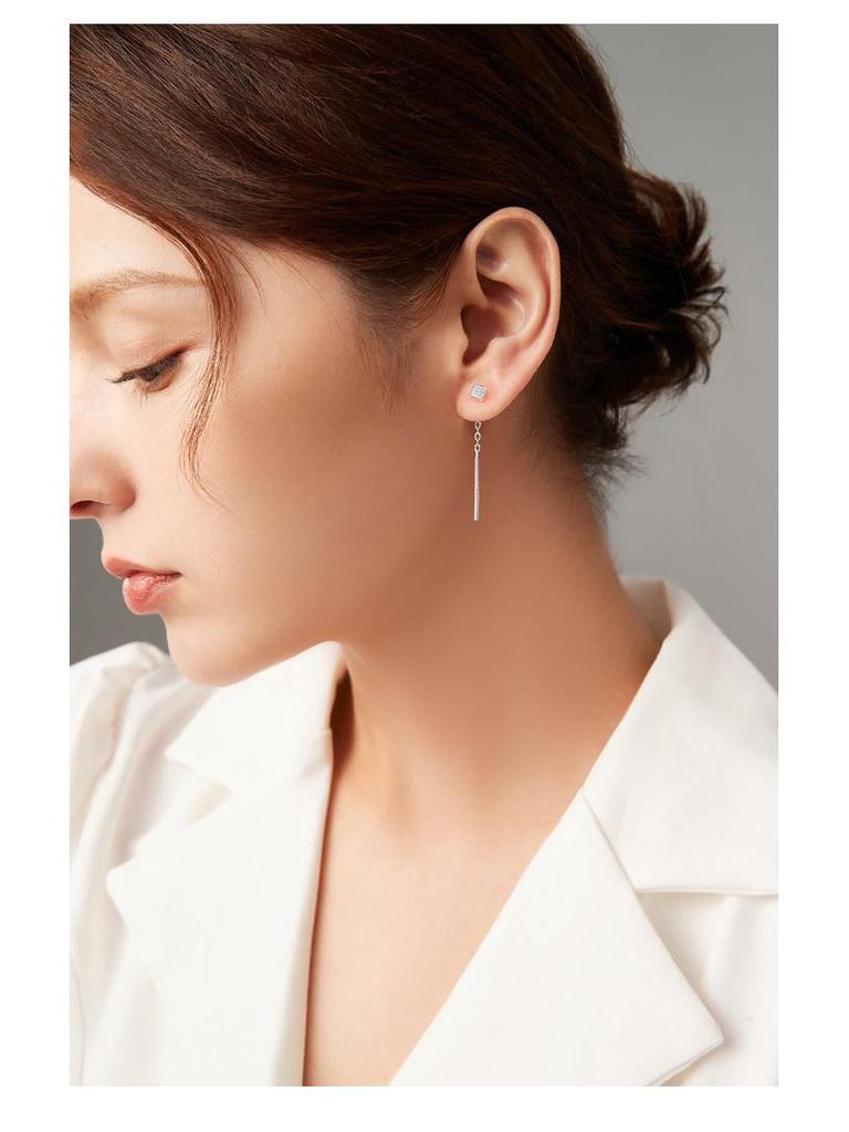 S999 Pure Silver Geometric Square Thread Earrings for Women – Sleep-Friendly and Trendy