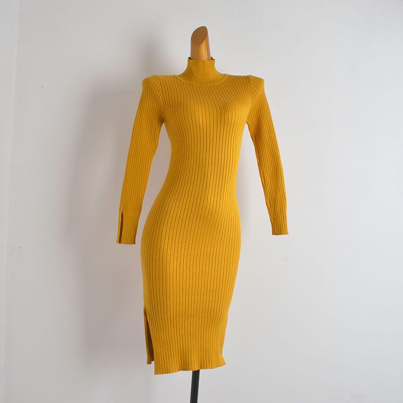 Fall and Winter New Arrival Pure Color Turtleneck Long Sleeves Knitting Dress Women's Clothing Silm Slim Looking Slit Sheath Skirt