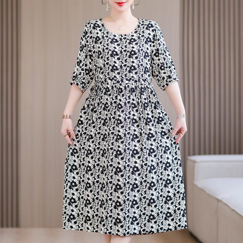 Casual Summer Women's Dresses  Plus Size Half Sleeve Vintage Print Long Dress Female