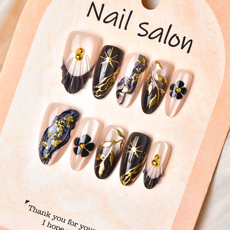 30 pcs 3D Gold Foil Cat Eye Glitter Almond Shape Wearable Fake Nail Tips