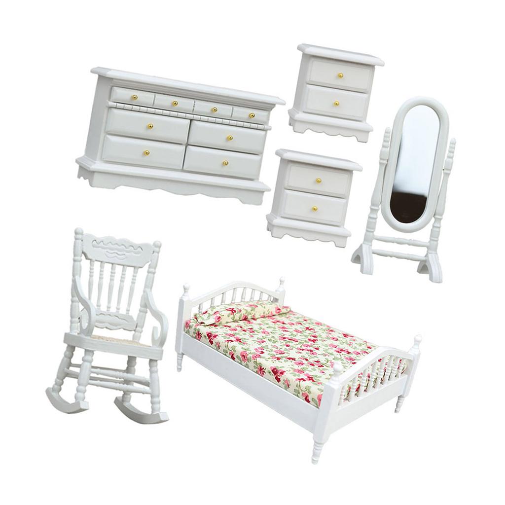 Wooden Doll House Bedroom Furniture Set Bedroom Landscape Accessory Bed Bedside Table Cabinet Figure for Creative Play