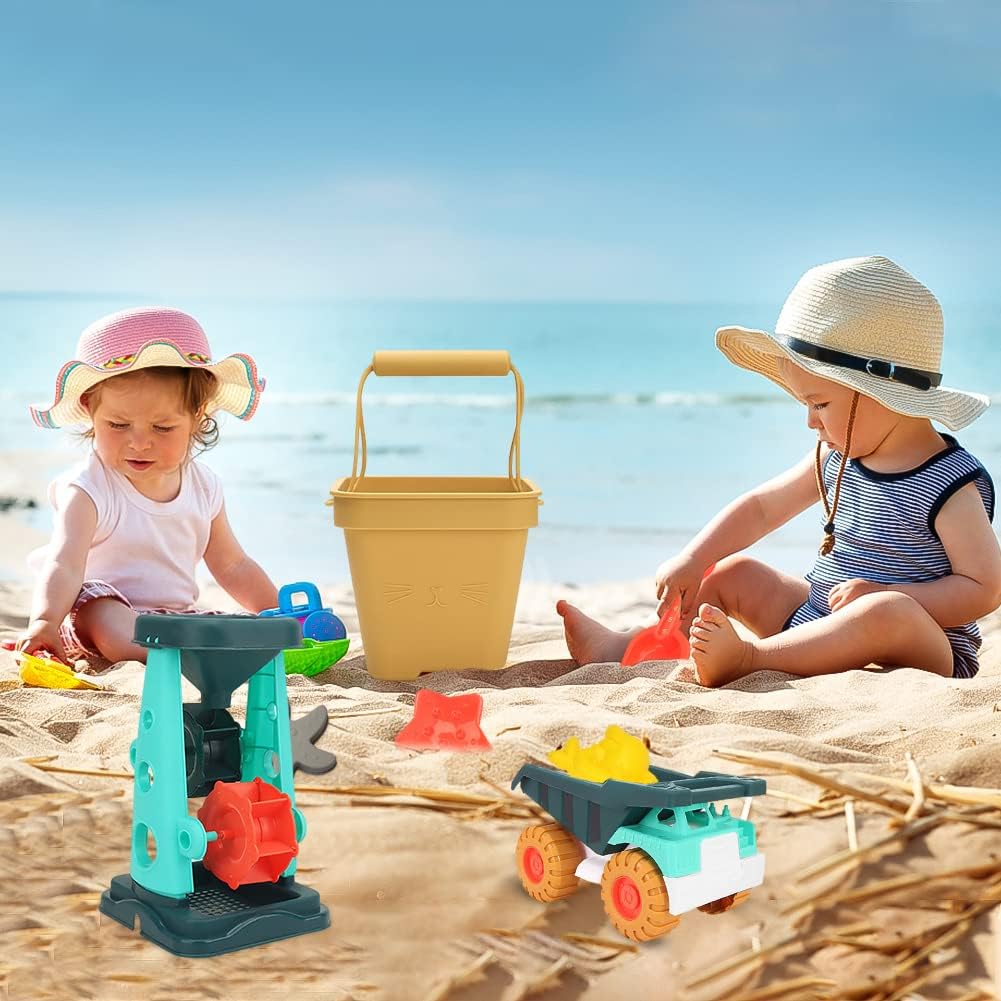 6 Piece Sand Toy Beach Toy Set with Sand Wheel, Truck, Sand Molds, Bucket, Shovel, Water Toy Set, Outdoor Toy for Boys Girls 3 4 5 6 7 Years