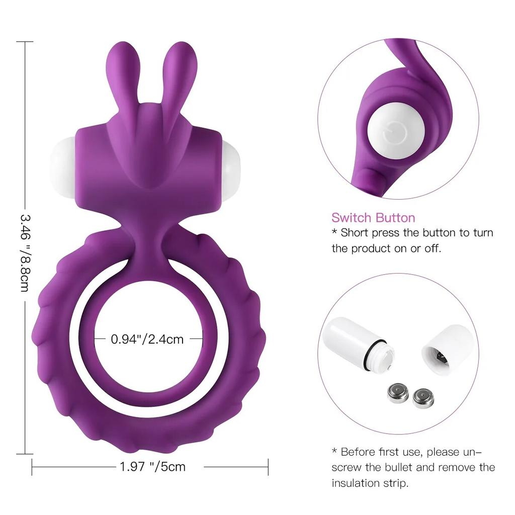 Unisex Double Vib Powerful Soft Silicone Dual Vibrating Cock Ring Penis Ring Double Rings for Couples Enhancing Harder Erection