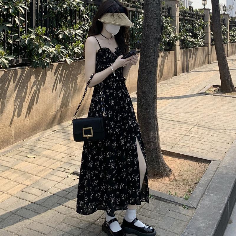 Women's Elegant Floral Spaghetti Strap Dress - Summer 2026 Design, Slimming Waist with Slit
