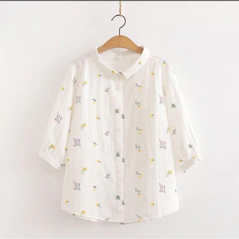 

Spring & Fall New Arrival Artsy Double-Layer Cotton Yarn Long Sleeves White Shirt Women s Loose Print Pure Cotton Soft Bottoming Shirt Tops Lavender White half sleeve M