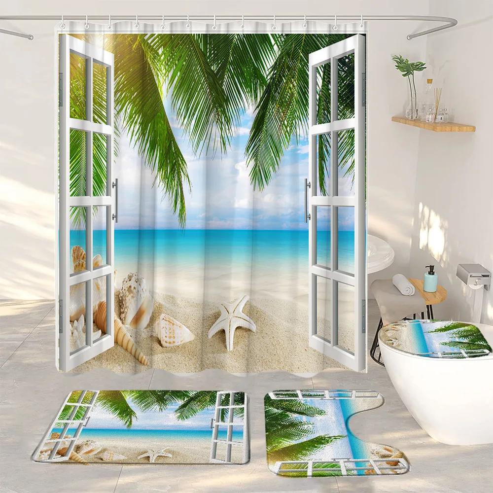 Ocean Beach Shower Curtains And Rugs For Seaside Tropical Landscapes Coconut Trees Cars Hanging Curtains Bath Pad Bathroom Decor