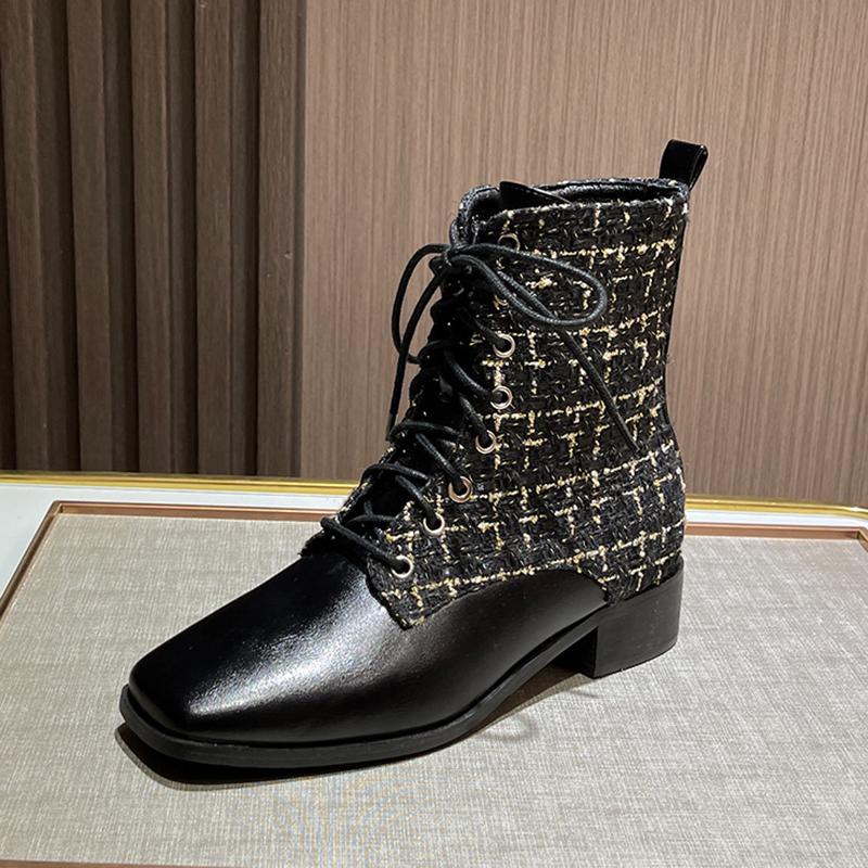 

Fashion Gold Sequines Cloth ankle boots women leather patchwork winter botas mujer 41-43 big size lace up glitter plaid booties femme 5 чёрный