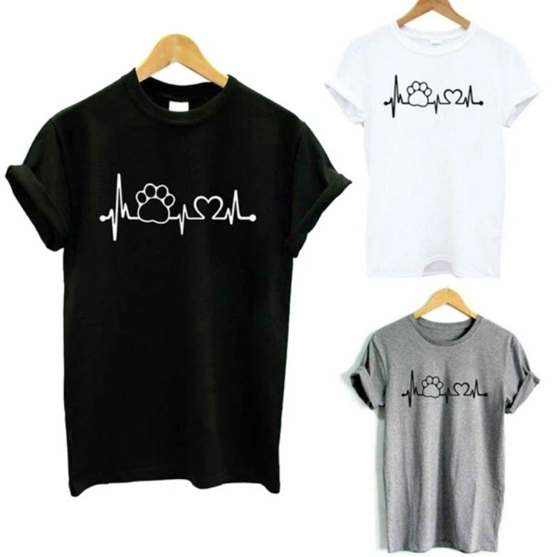 Women Casual Funny Summer Short Sleeve Footprint Heart Beat T Shirts
