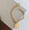 Elizabeth Medallion Queen Coin Bracelet Charm Taggle Clasps Stainless Steel Rectangle Chain with Curb Link Chunky Bracelet