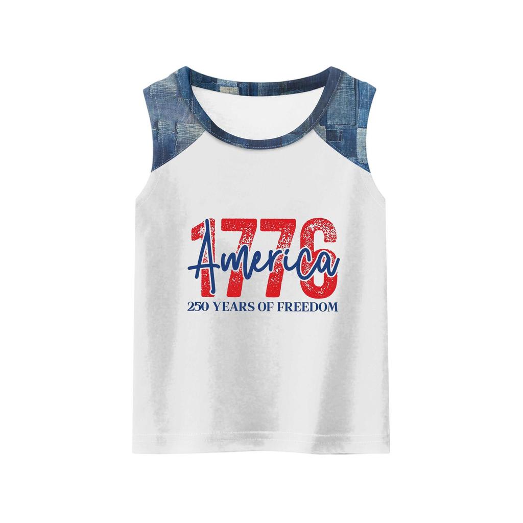 Girls Sleeveless Loose Fit Tank Top Independence Day Print Denim Patchwork Round Neck T Shirt Summer Casual Tee