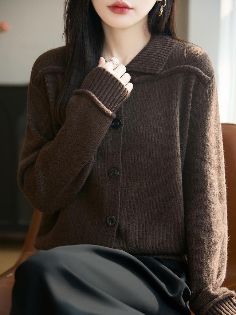 Women's Wool Blend Lapel Cardigan - Retro, Loose Fit, Cozy Autumn/Winter Knit Jacket