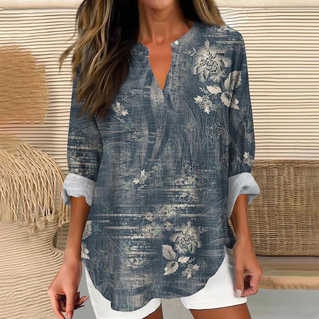 Women's T Shirt Tee Printed Long Sleeve Daily Weekend Fashion Basic V Neck Curved Hem Regular Top