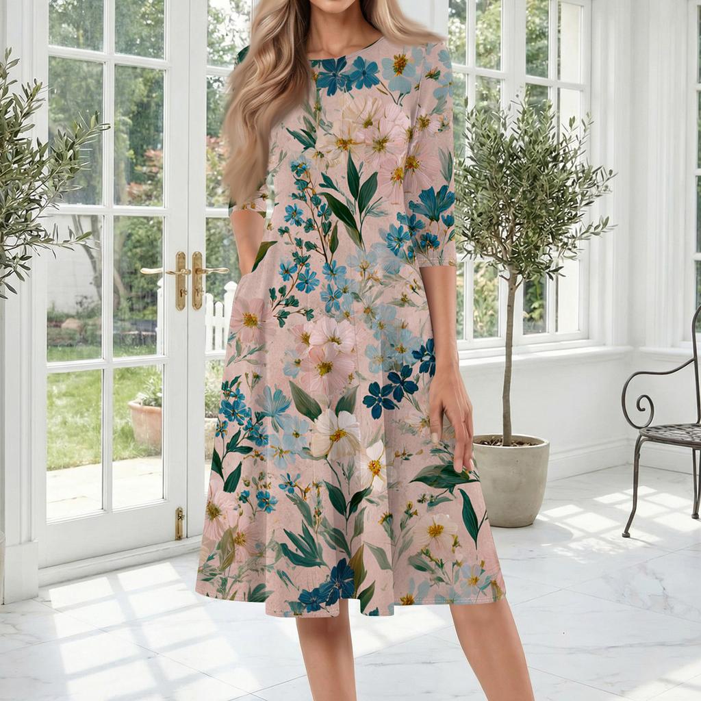 Women's Casual Fashion Round Neck Three Quarter Sleeve Printed Midi Dress