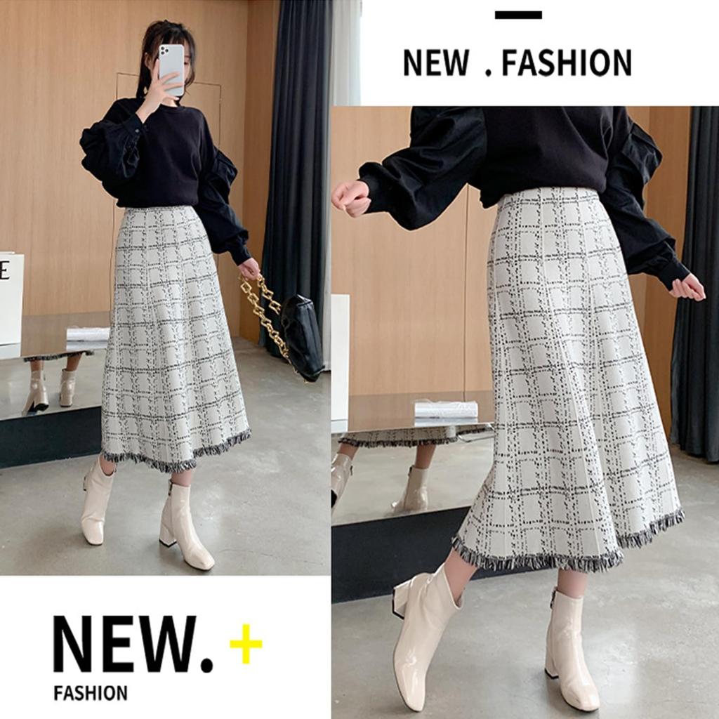 Knit Fringe Long Checkered Flared High Loose Casual Cute for Winter [CCGGOWMM] Women's Skirt, Midi-Length, Skirt, Skirt, Pattern, A-Line Skirt, Skirt,