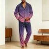 Men's Casual Pajama Set with Loose Fit Corduroy Pants and Printed Long Sleeve Lapel Collar Button-Front Top