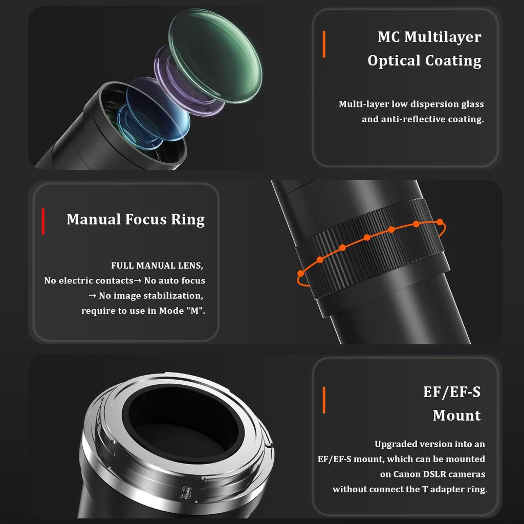 BENOISON Telephoto Lens Canon Manual Zoom Lens with EOS Kiss and for Canon SLR Cameras 420-800mm F8.3-16 (for EF/EF-S) [Compatible X10, X9i, X8i, X7,