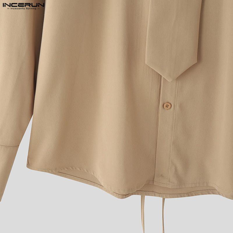 INCERUN S-5XL Men Casual Lapel Neck Long Sleeve Lace-up Waist Loose Shirts Tops