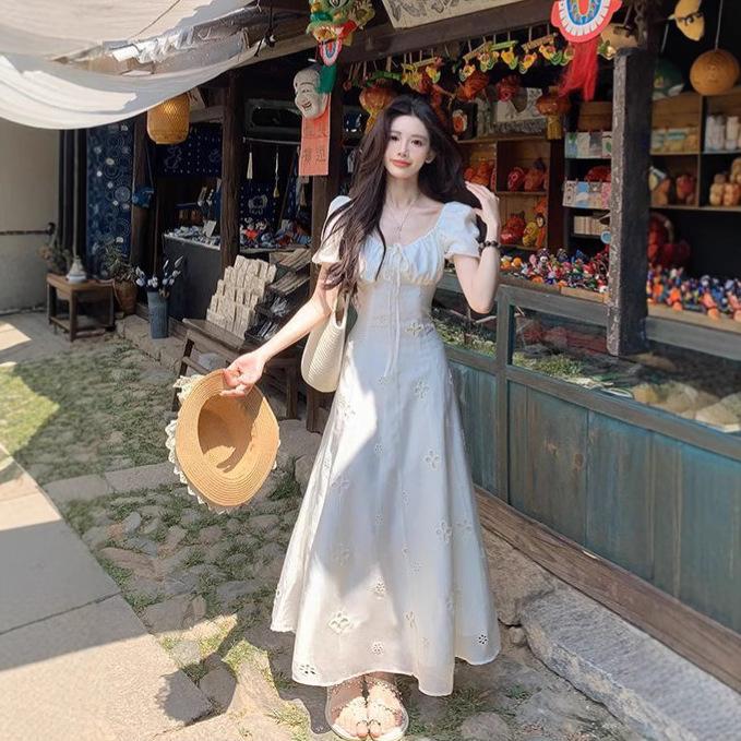 Gentle wind bubble sleeve strap square neck dress children embroidery hollow design French temperament long dress summer