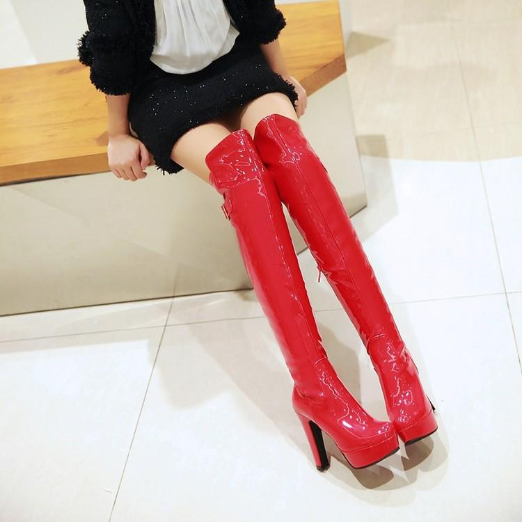 

European and American patent leather pole dance boots red women s boots super high heel knee boots thick heel knight boots 34 червоний