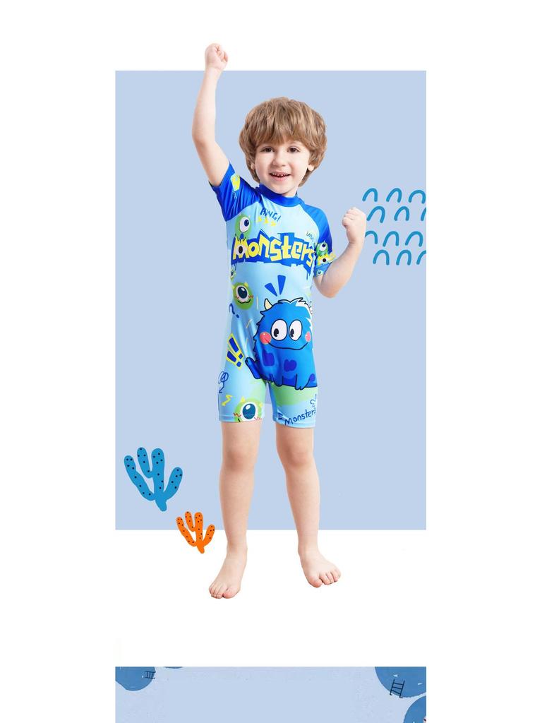 Chlapecké kreslené jednodílné plavky s krátkým rukávem na zip a ochranou proti slunci (2025)