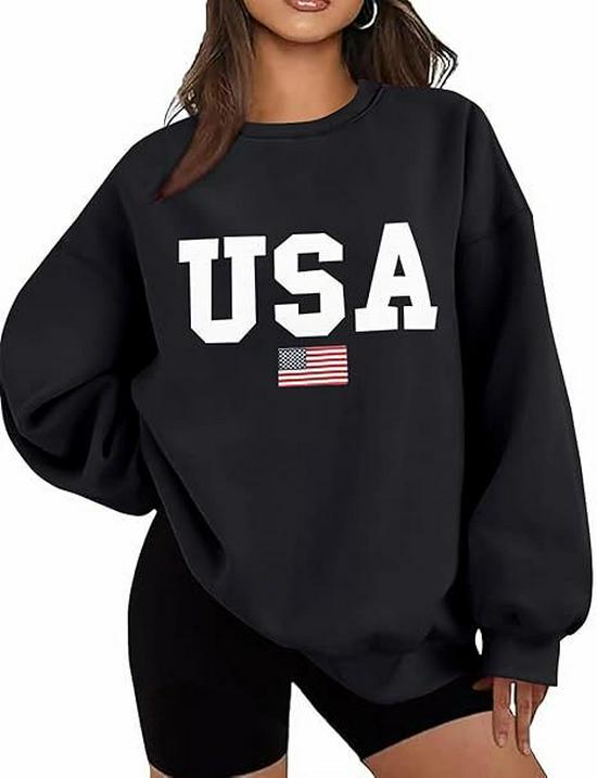 Women's Gothic Harajuku Plus Size Round Neck Hoodie with American Flag Print