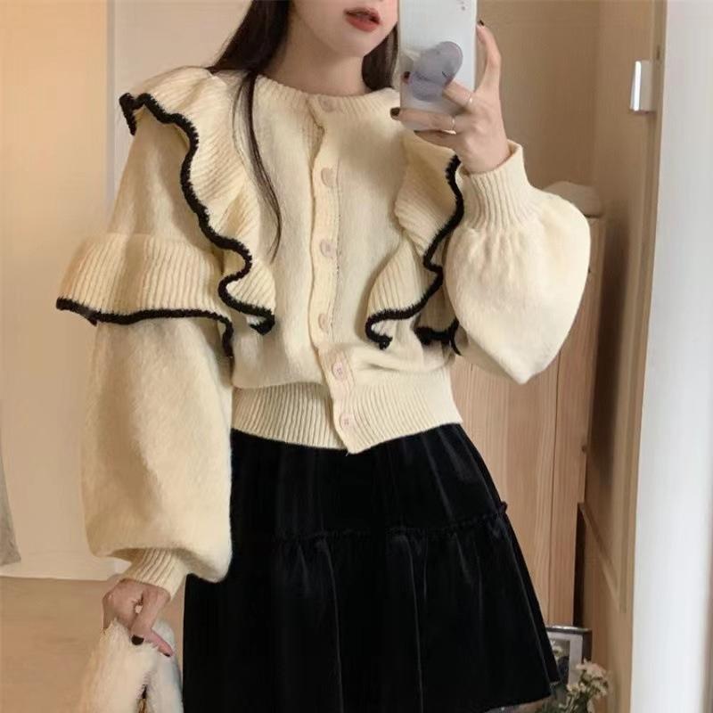 Color-Block Ruffled Knitwear with Design Sense: Early Autumn Women's Elegant Office Loose Sweater Top