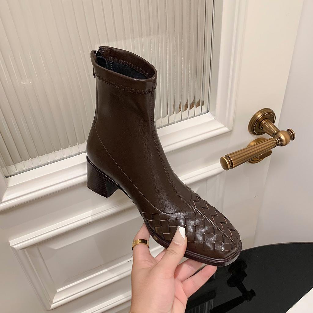 Fashion 2025 Fashion Women Shoes Genuine Leather Short Boots Square Toe Chunky Heel Winter Stretch Modern Women Boots Solid High Heels