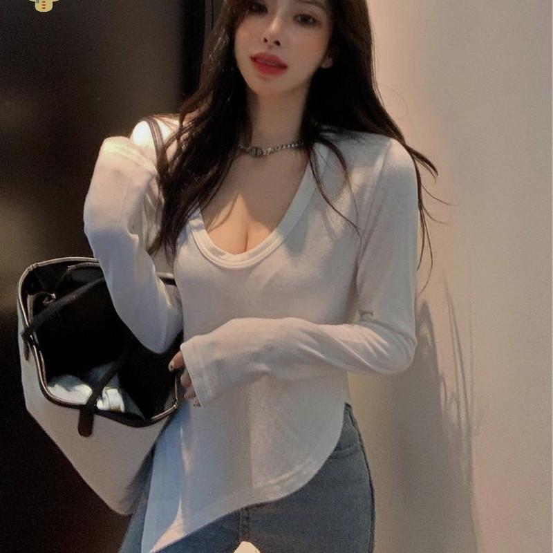

Women s High-Waist Irregular Long Sleeve T-Shirt, Solid Color, Figure-Flattering, 2025 Spring & Autumn Collection M білий