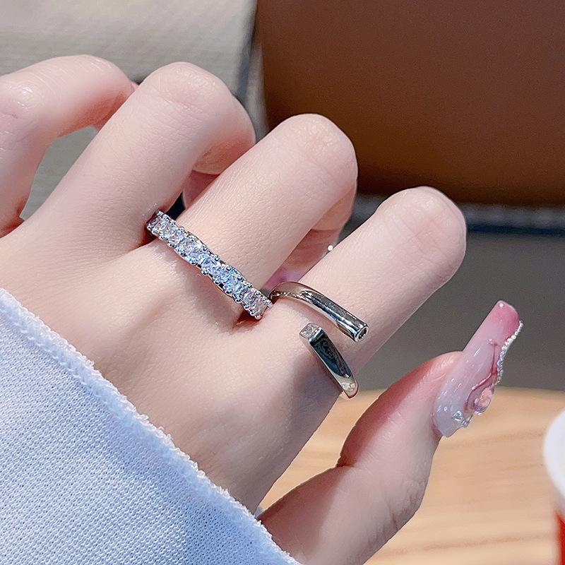 Minimalistischer Öffnungsverstellbarer Schlichter Ring Damen Nischen-Design Kaltwind-Set Zirkon Voll Diamant Zeigefingerring