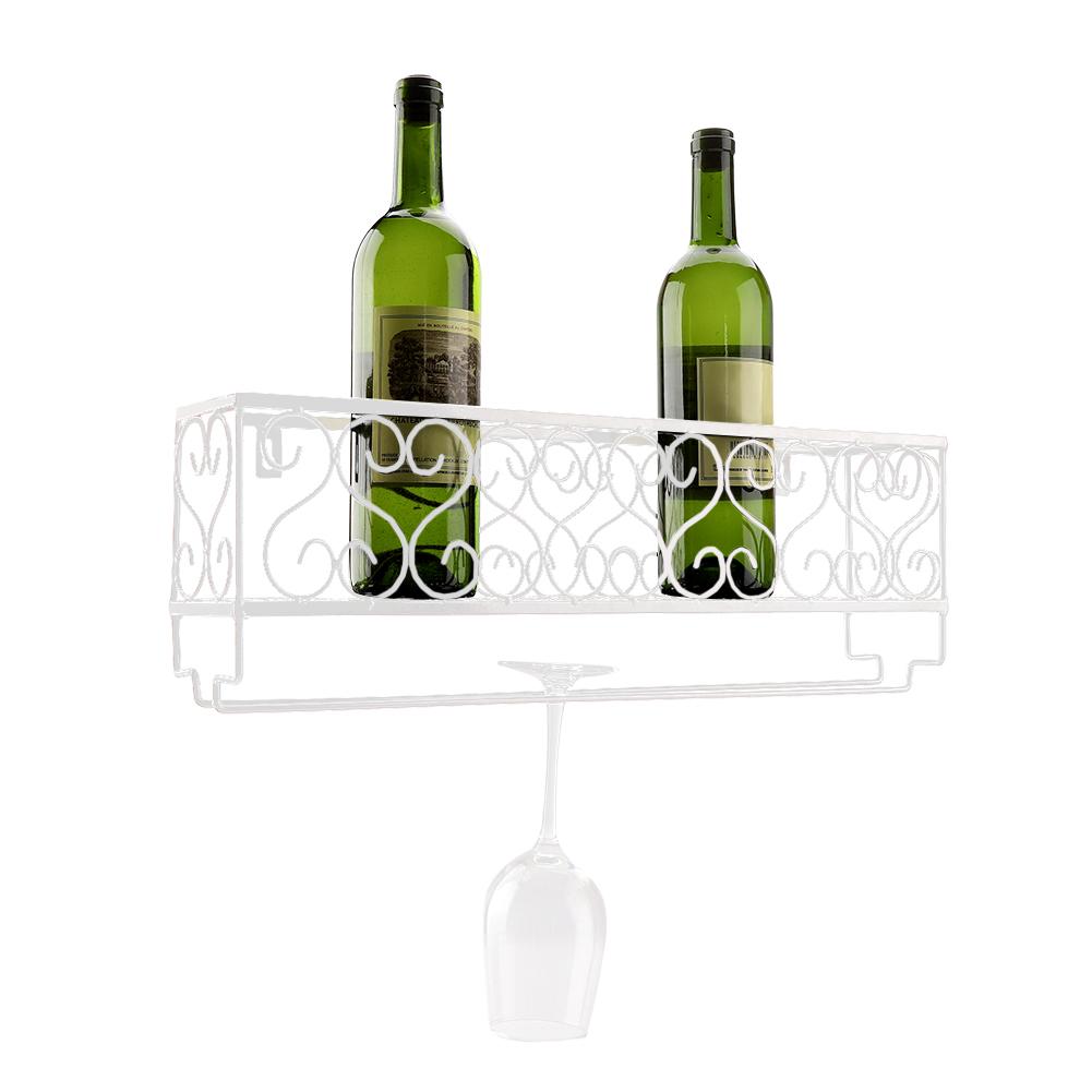 Wall Mount Metal Wine Rack Bottle Champagne Glass Holder Storage Bar Accessory with Shelf White