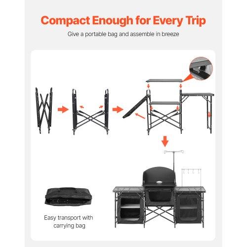 VEVOR Camping Kitchen Table, Outdoor Camp Cooking Table, Aluminum Portable Cook Station with 3 Storage Cupboard, Carrying Bag, Detachable Windscreen