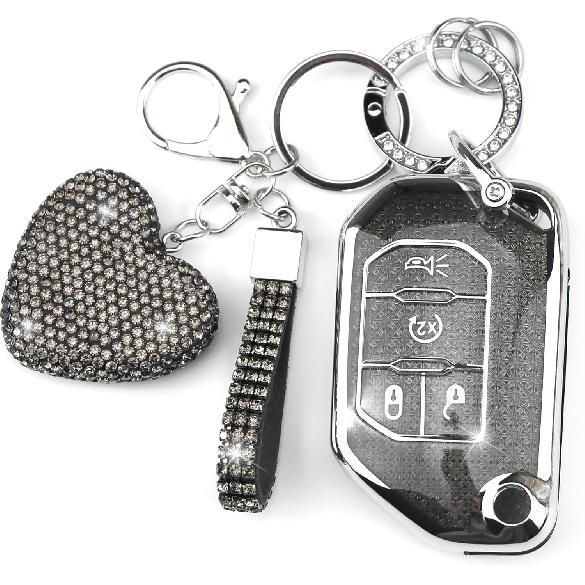 Key Fob Cover with Diamond Keychain Compatible with Jeep Car Key Holder Case Compatible with Jeep Wrangler JLU JL Gladiator Rubicon JT Flip Key чёрный