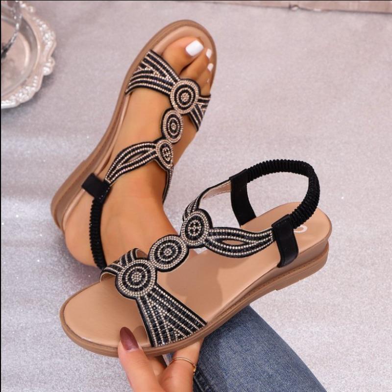 

Модные блестящие хрустальные сандалии на танкетке для женщин Лето 2025 Эластичная лента Нескользящие Пляжные сандалии Женские Модные туфли для вечеринок с жемчужной отделкой 38 чёрный