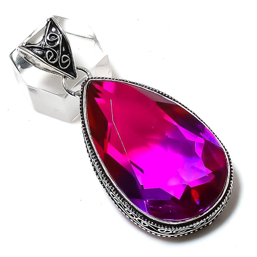 Natural Bi-Color Tourmaline Gemstone 925 Sterling Silver Pendant 2.29" d3C08