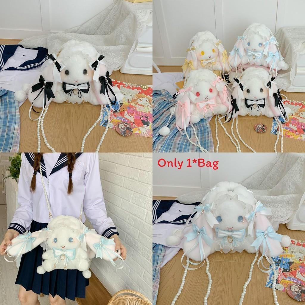 Bow Tie Drawstring Rabbit Plush Backpack With Pearl Chain For Daily Use