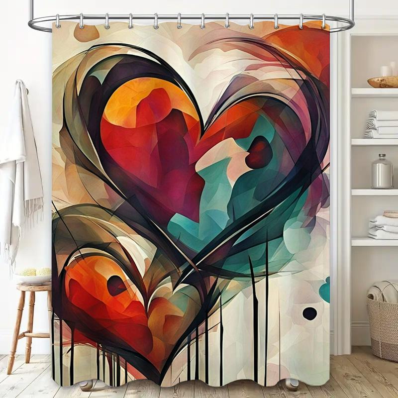 Abstract Geometric Heart Shower Curtain - Waterproof, Mildew-Resistant, Machine Washable For Contemporary Bathroom Decor