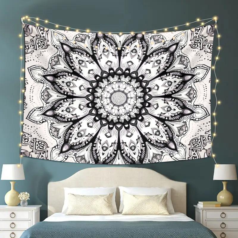 Schwarz-Weiß Mandala Wandteppich Böhmisches Geometrisches Design Psychedelisches Wandbehang für Schlafzimmer oder Wohnheim Dekor