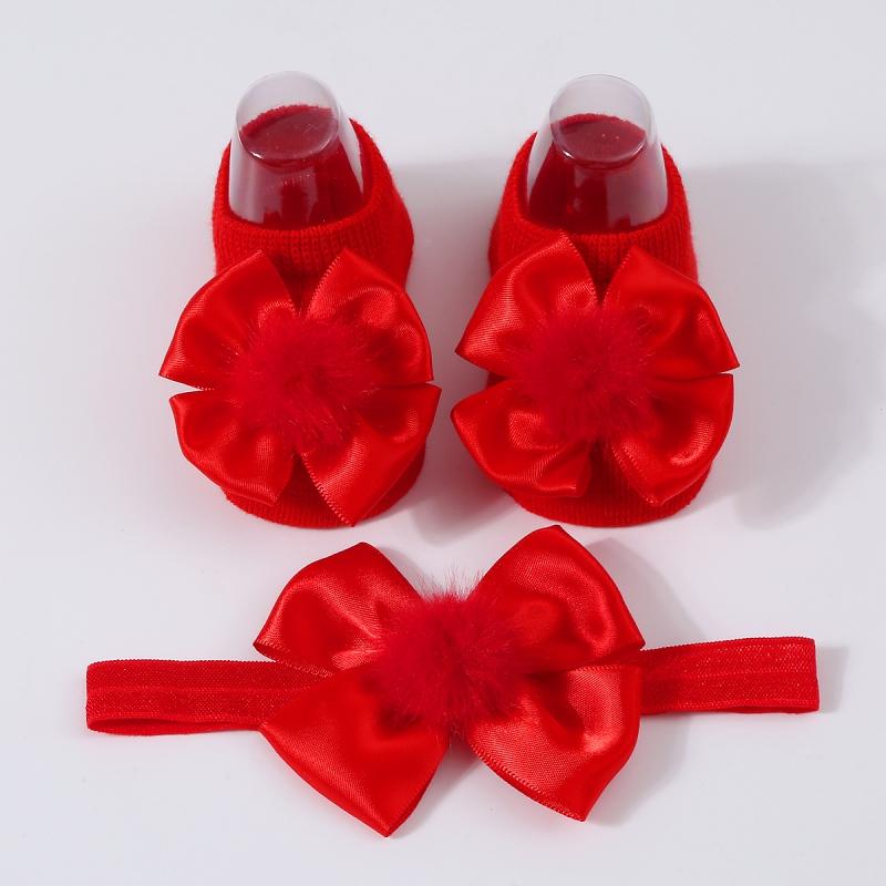 Baby Girl Princess Socks With Headband, Plush Bowknot Children's Socks Solid Color Kids Socks