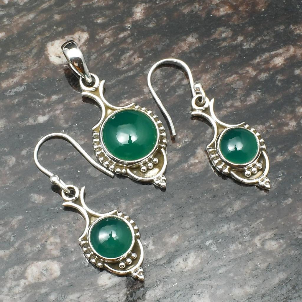 Natürliche grüne Onyx Edelstein Anhänger Ohrringe Schmucksets, 925 Sterling Silber, Ohrhänger, handgefertigtes Schmuckset, Geschenk für Ostern
