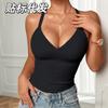Deep V-Neck Ribbed Halter Tank Top With Built-In Bra