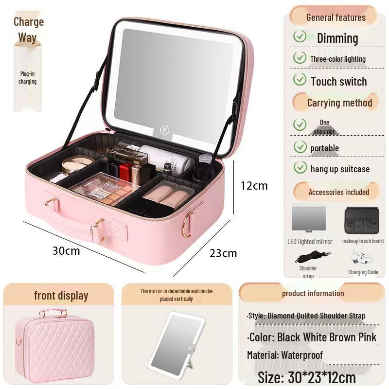 

12-дюймова портативна сумка-органайзер для косметики зі світлом, великий кейс для макіяжу