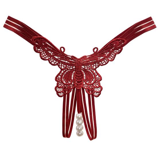Sexy Hollow Out Butterflies Shape Thong Low-rise Massage Faux Pearls Crotch See-through Briefs Solid Color