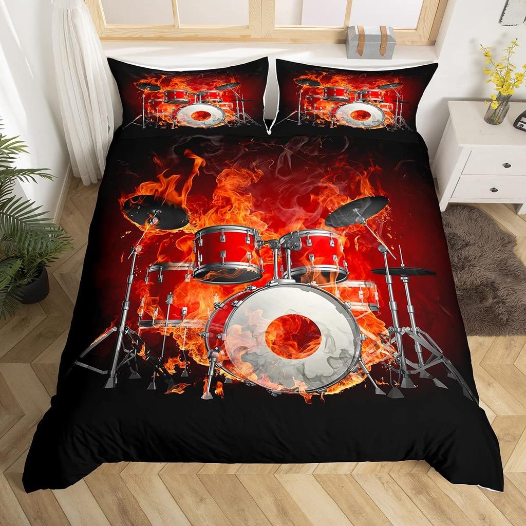Comforter 3D Drum Kit Queen Microfiber Rock Music Theme Classic Musical Instrument Comforter Hip Hop Grunge Bedding Set